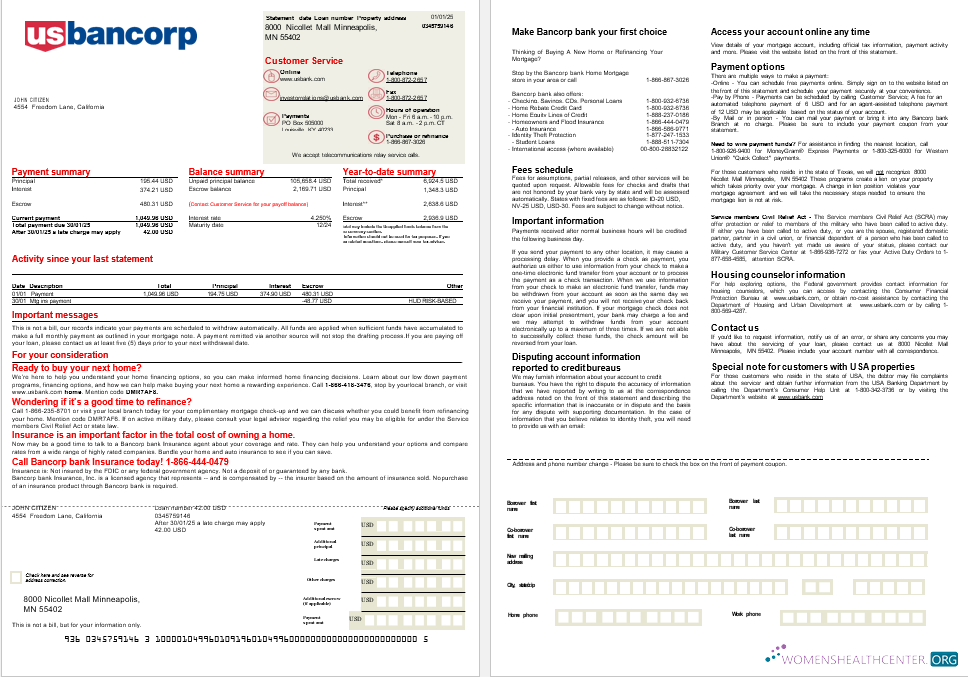 Download USA Bancorp bank mortgage statement in Word and PDF formats, 2 pages Photoshop template